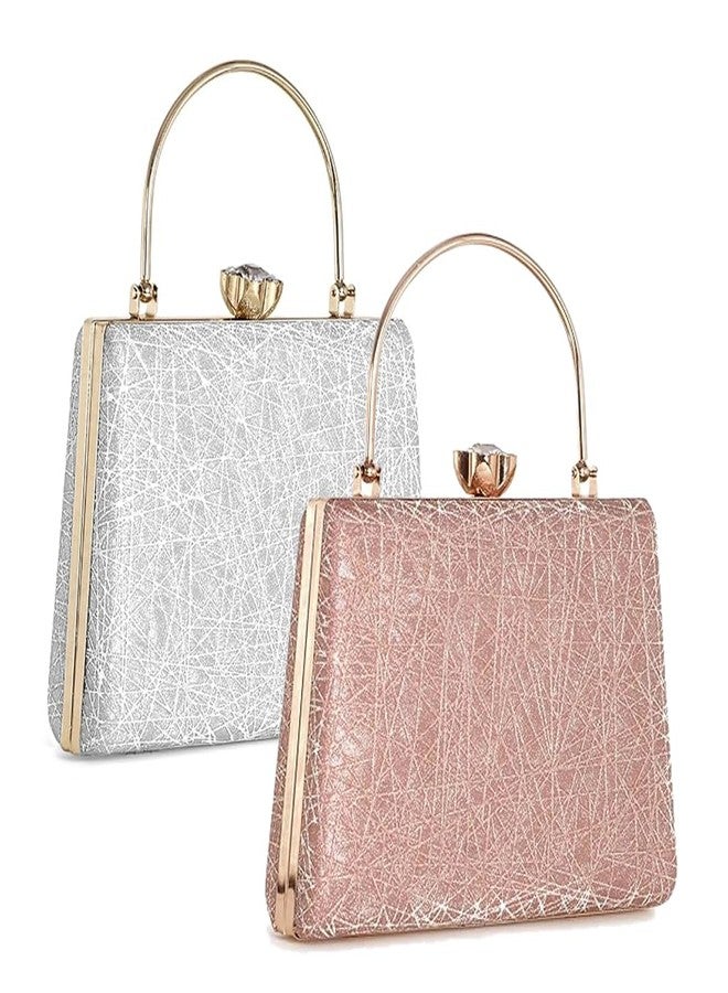 ZAIB Embellished Bridal Clutch for Women | Wedding Evening Purse | Designer Handbag for Marriage, Reception, Sangeet & Festive Use | Stylish Clutch Bag (Combo - Pink & Silver) - Image 1